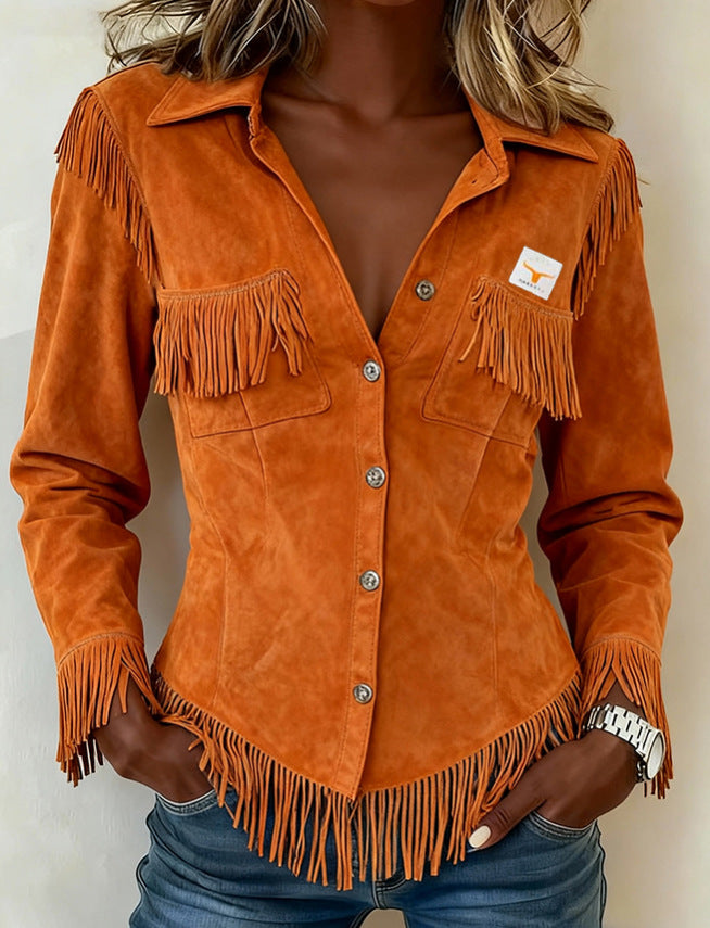 Orange Western Suede Velvet Tassel Fringe Design Long Sleeve Women's Rodeo Shirt