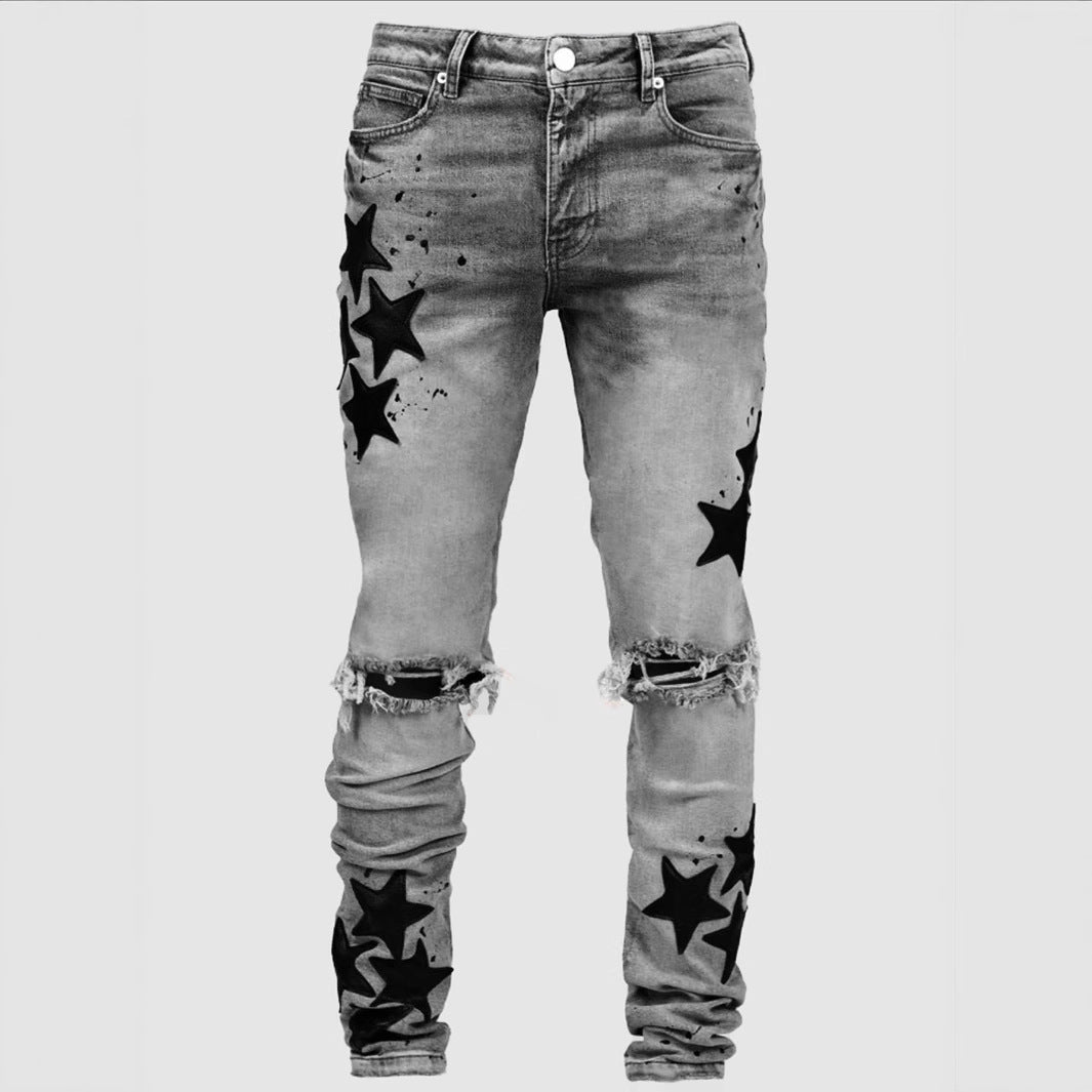 Men's Star Print Hip-Hop Denim Faded Ripped  Skinny Stretch Jeans