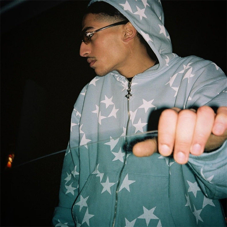 Star Print Unisex Long Sleeve Hip-Hop Zipper Hoodie Sweatshirt