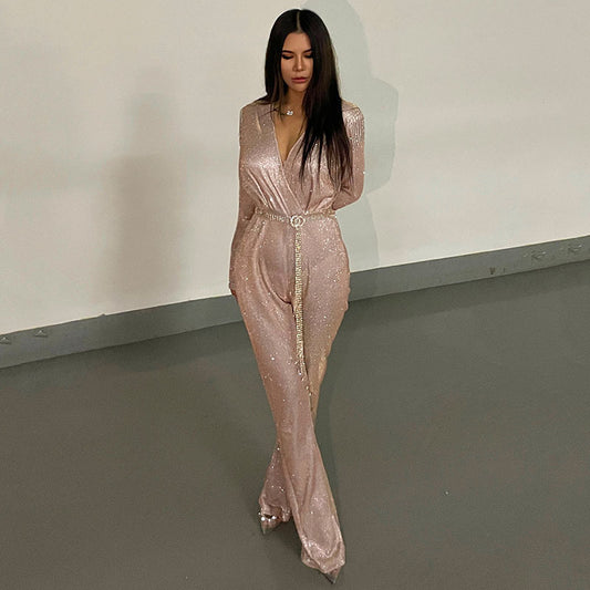 Sparkling Glitter Tassel Fringe Shoulder Design Deep V-Neck Long Sleeve Formal Party Jumpsuit w/ Chain Belt