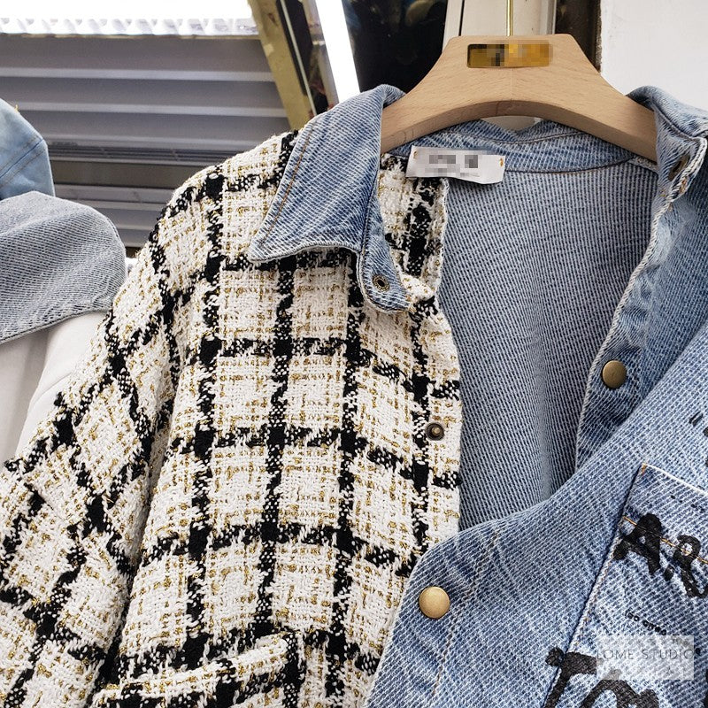 Denim Irregular Plaid Graffiti Print Patchwork Contrast Loose Women's Turn-Down Collar Jean Shirt