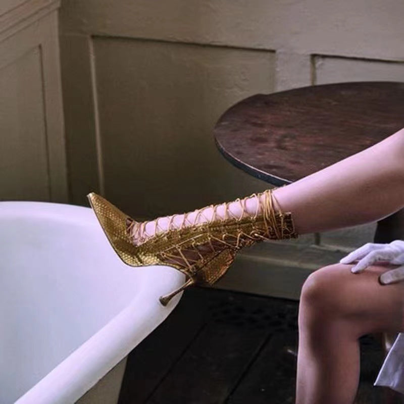 Metallic Lace-Up Women's Pointed Toe Hollow-Out Side Zipper Stiletto Heel Latin Dance Ankle Boots