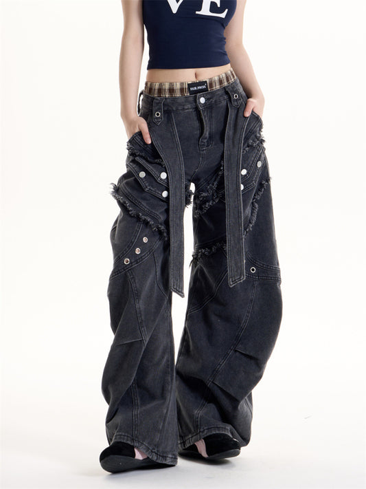 Baggy Tassel Fringe Loose Strap Design Women's Heavy Industry Deconstructive Cargo Jeans