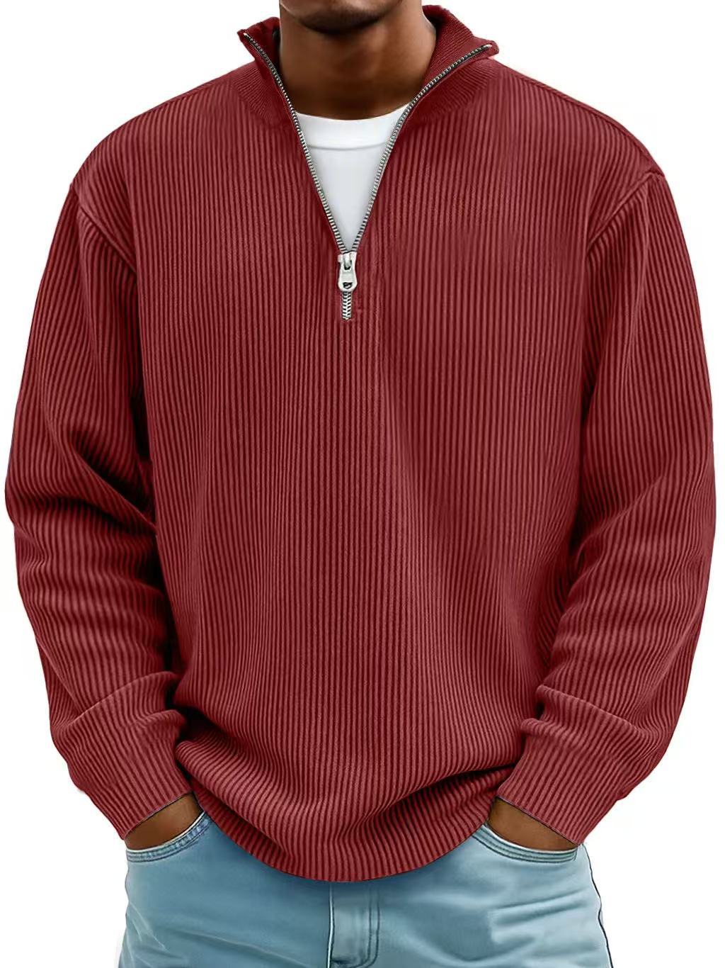 Men's Corduroy Stand Collar Solid Color Long Sleeve Quarter Zip Sweatshirt