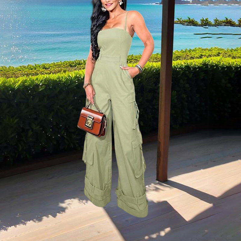 Sleeveless Spaghetti Strap Women's Solid Color Wide Leg Adjustable Hem Multi-Pocketed Cargo Jumpsuit