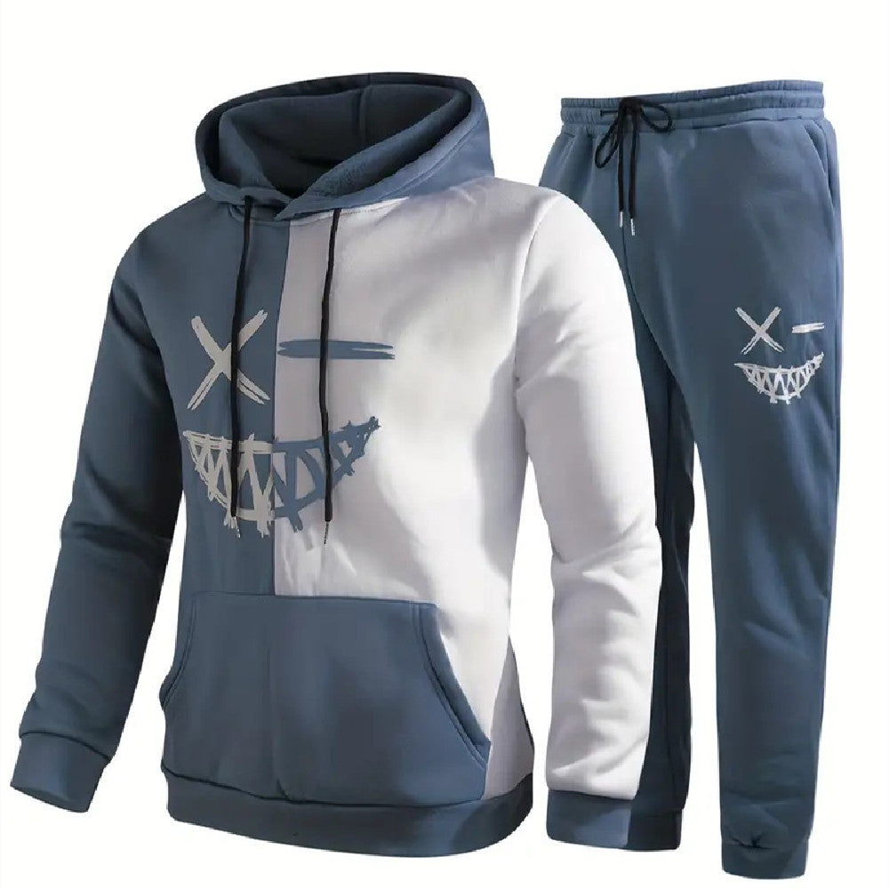 Men's Colorblock Hip-Hop Emoji Print Pocketed Long Sleeve Hoodie Sweatshirt + Drawstring Sweatpants Tracksuit to 6X Big & Tall
