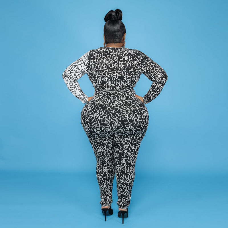 Black/White Letter Print Deep V-Neck Women's Long Sleeve Jumpsuit to 5X Plus Size
