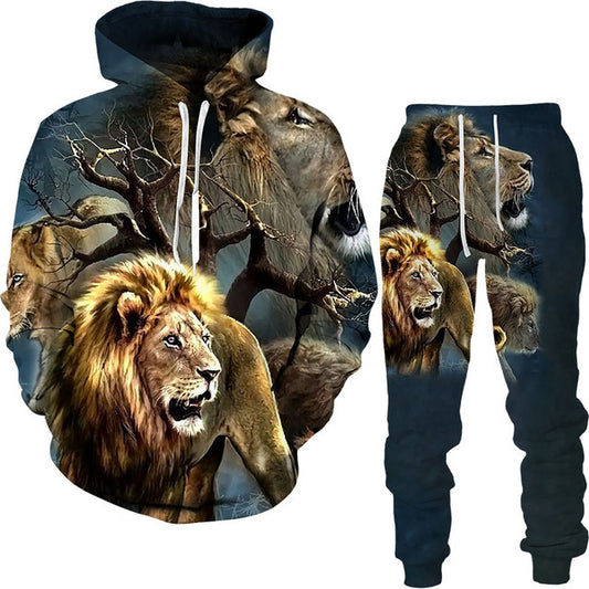 Men's 3D Lion King Print Drawstring Hoodie Sweatshirt + Sweatpants Tracksuit