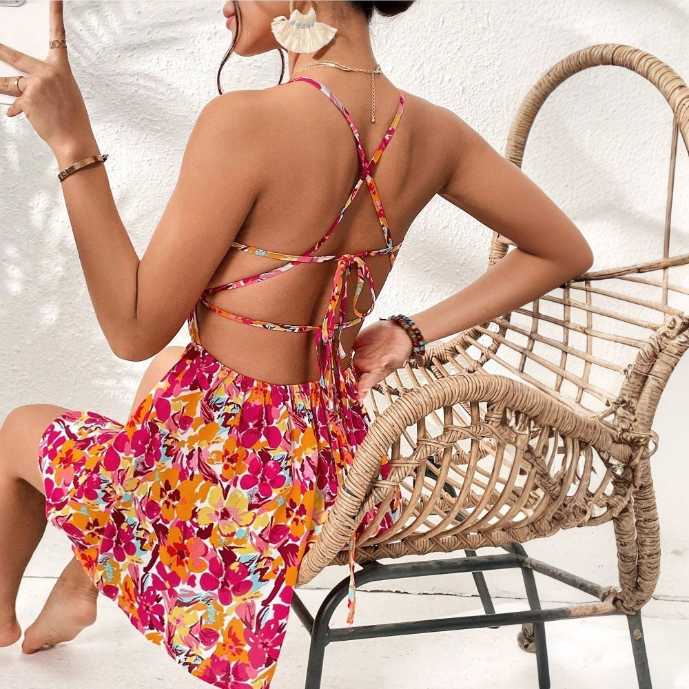 Floral Print Ruched Camisole Lace-Up Back Spaghetti Strap Mini Dress