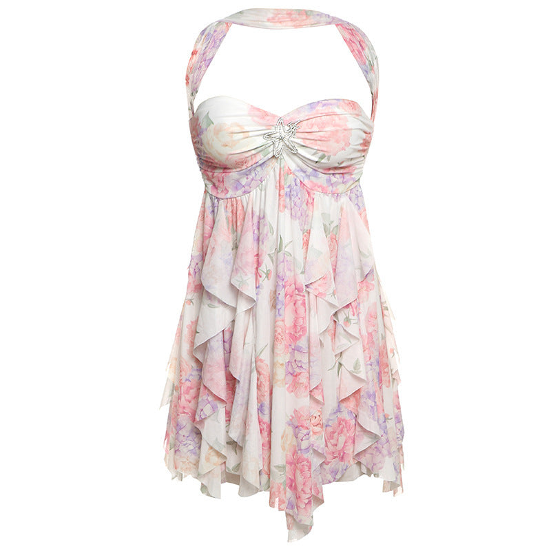 Halter Neck Backless  Printed Irregular Mesh Mini Dress