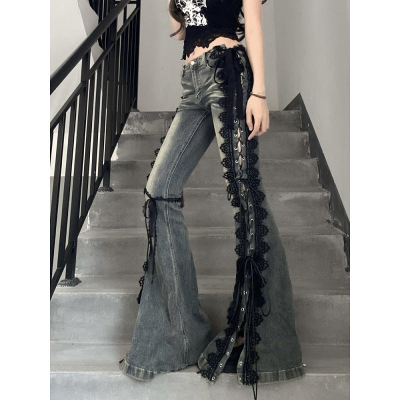 Vintage Lace Strap Women's High Slit Jeans