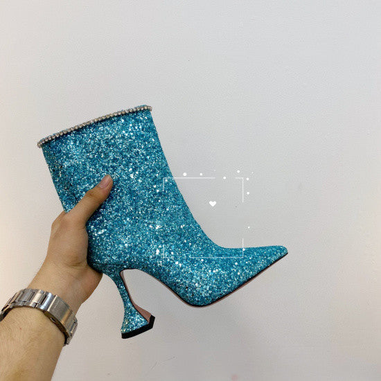 Sparkling Glitter Leather Spiked Heel Pointed Toe Women's Ankle Boots