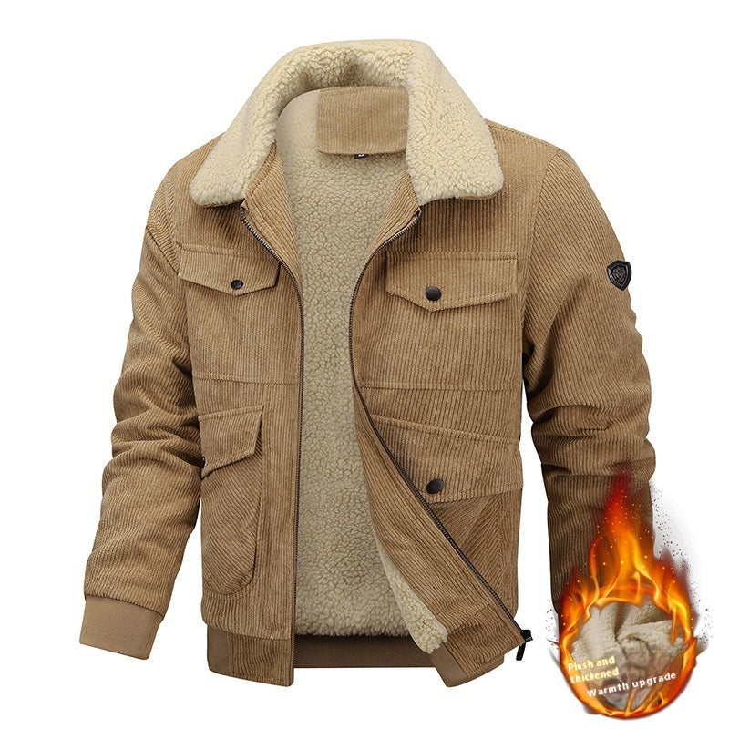 Men's Corduroy Fleece Lined Cargo Pocketed Solid Color Bomber Jacket
