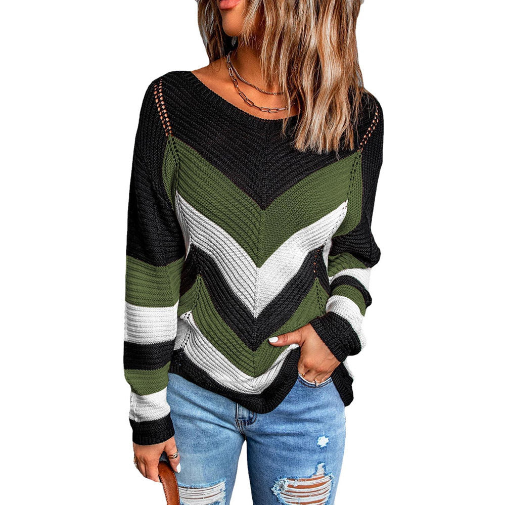 Diagnol Striped Colorblock Pattern Women's Knitted Long Sleeve Sweater to 3X Plus Size