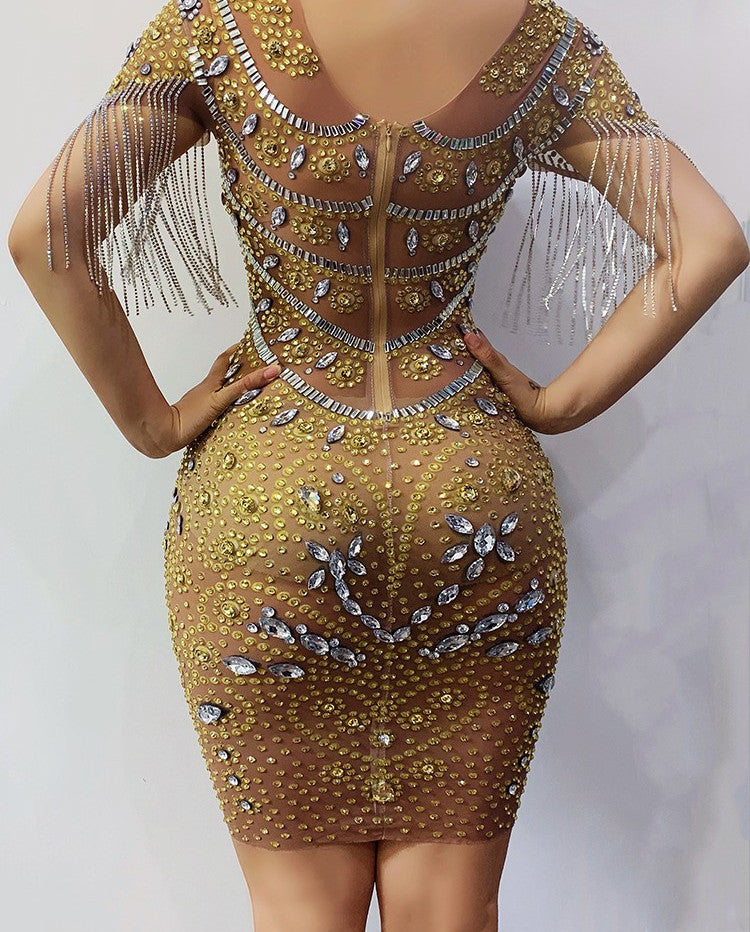 Mesh Catwalk Crystal Rhinestone Tassel Fringe Embellished Stretch Formal Dress