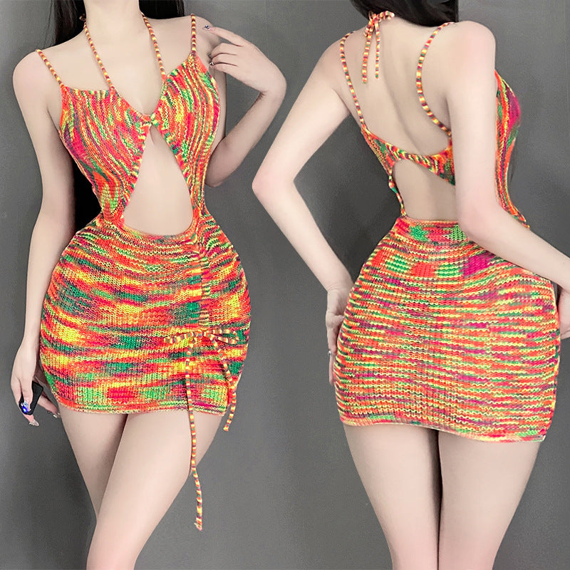 Crochet Knitted Geometric Rainbow Color Backless Hollow-Out Mini Sweater Dress
