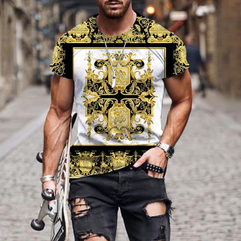 Men's Black/Yellow/Red Baroque Pattern 3D Print 1/2 Sleeve T-Shirt