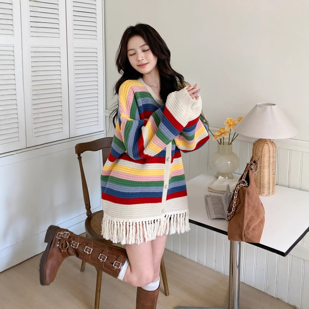 Oversized Striped Multi-Colored Tassel Fringe Design Women's Cardigan Sweater