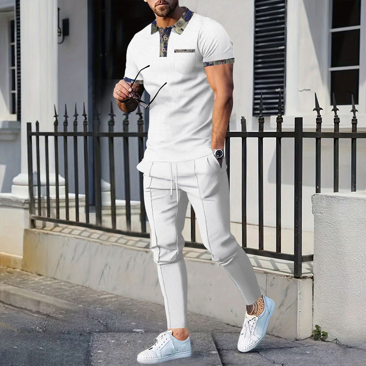 Men's Waffle Pattern Floral Turn-Down Collar Short Sleeve Polo Shirt + Drawstring Pocketed Pants 2-Piece Set