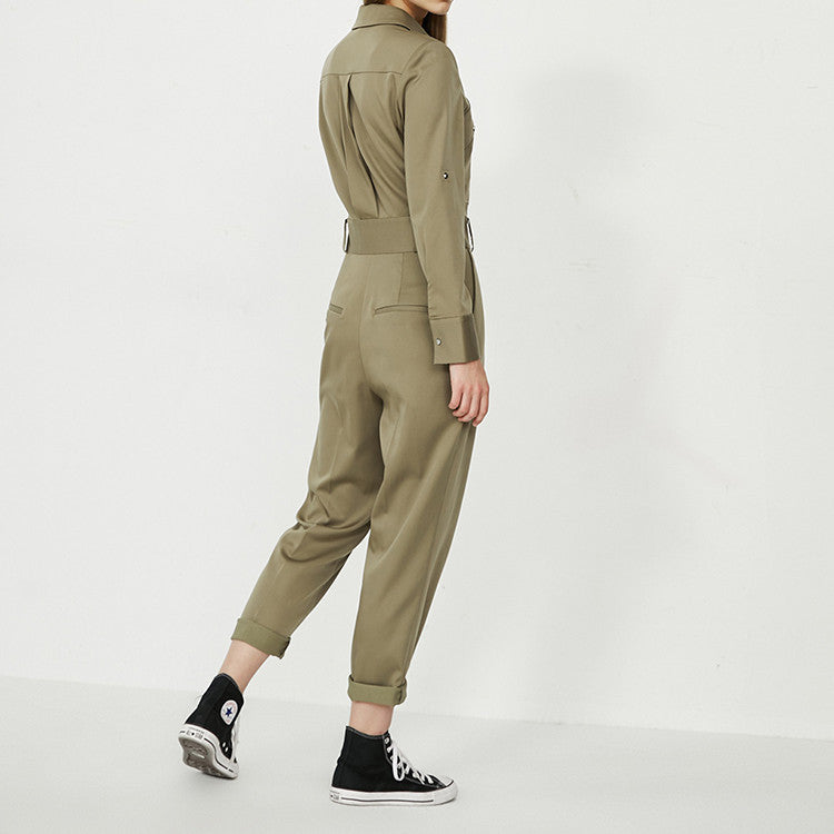Rivet Turn-Down Collar Long Sleeve Skinny Solid Color Women's Zipper Jumpsuit w/ Sash Belt