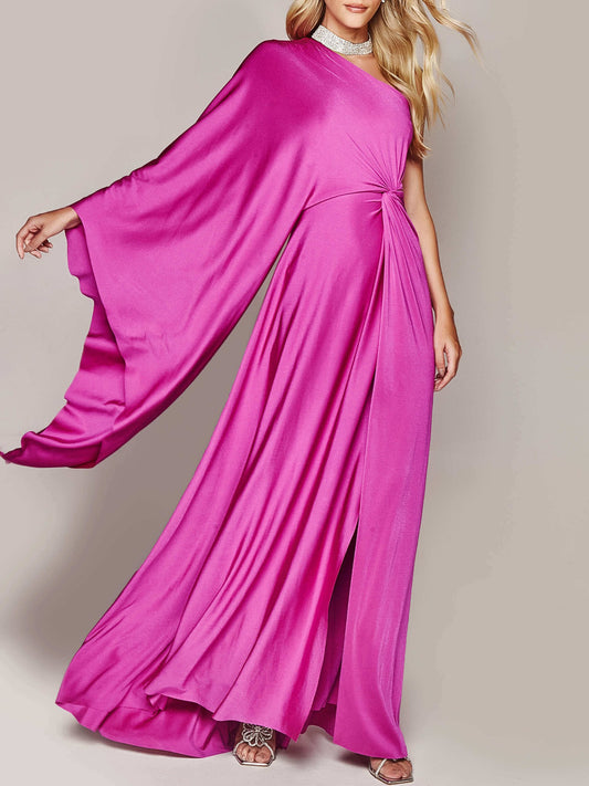 Fuschia Asymmetrical One Shoulder Wide Sleeve Ruched Formal Maxi Dress