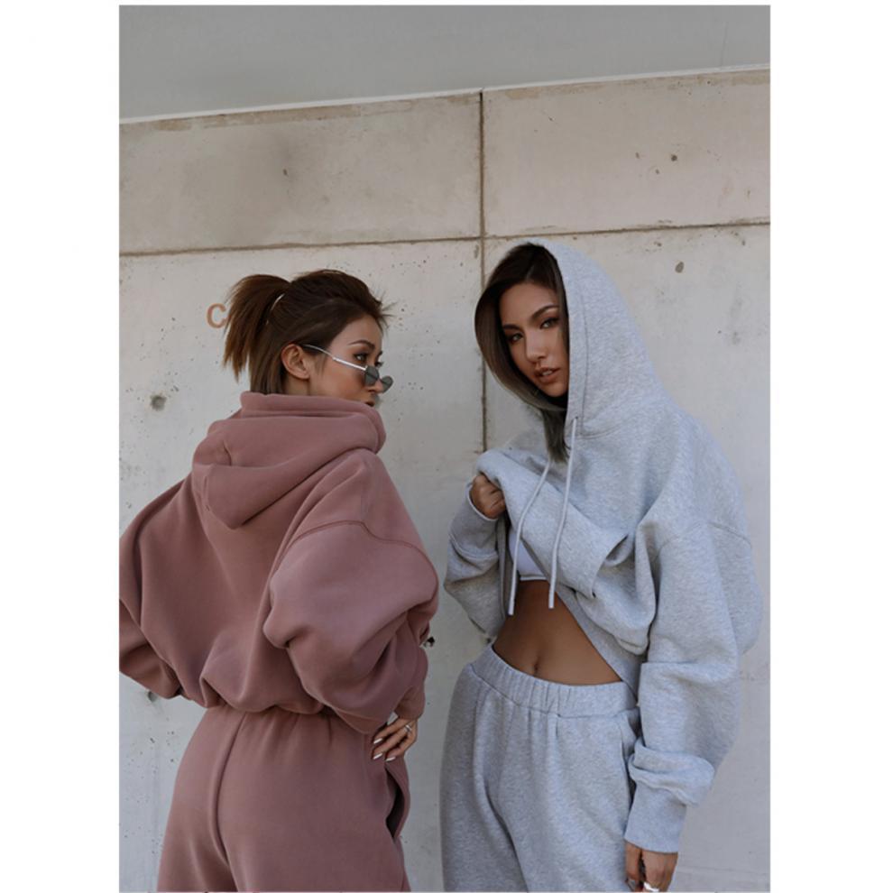 Solid Color Women's Casual Hoodie + Sweatpants Tracksuit