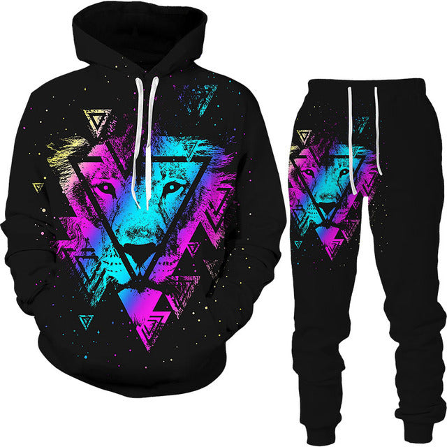 Men's 3D Lion King Print Drawstring Hoodie Sweatshirt + Sweatpants Tracksuit