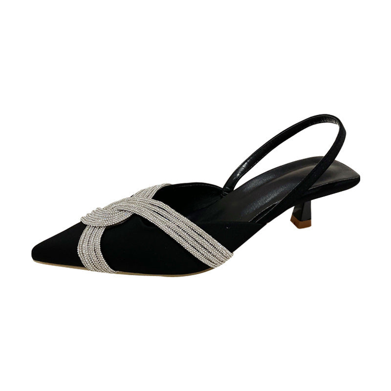 Diamond Silver Metallic Decor Pointed Toe Women's Back Strap Low Heel Pumps