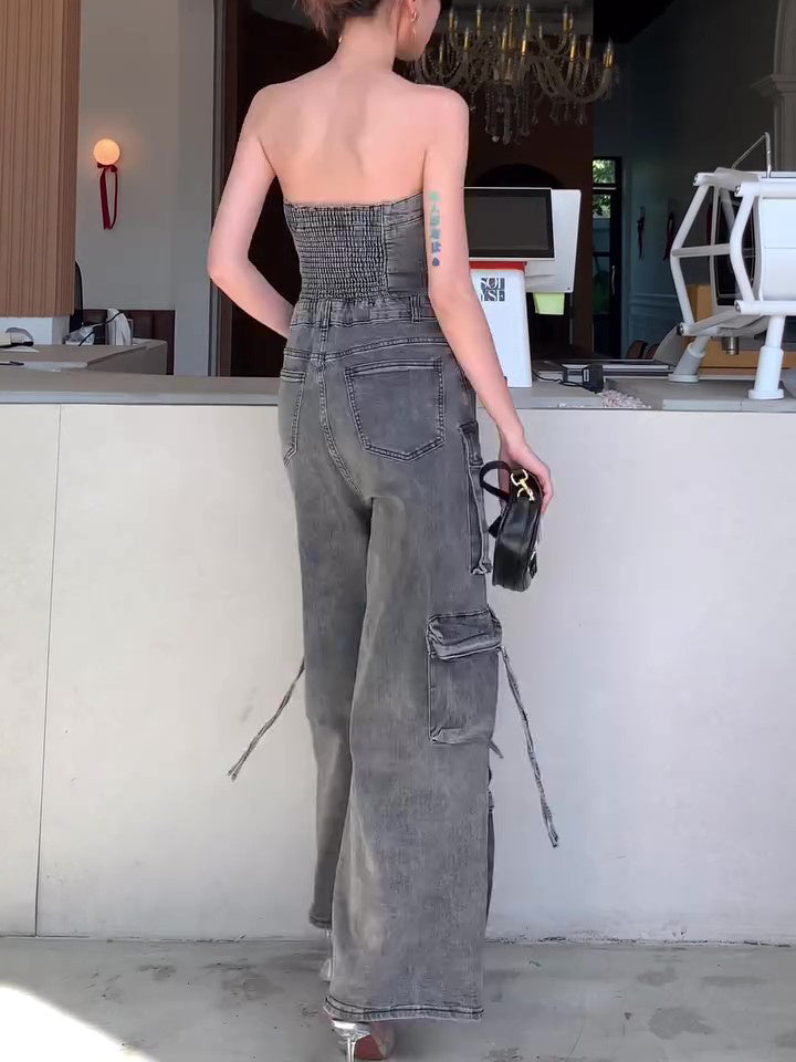 Denim Black Washed Multi-Pocketed Tube Top Sleeveless Women's Cargo Jeans Jumpsuit