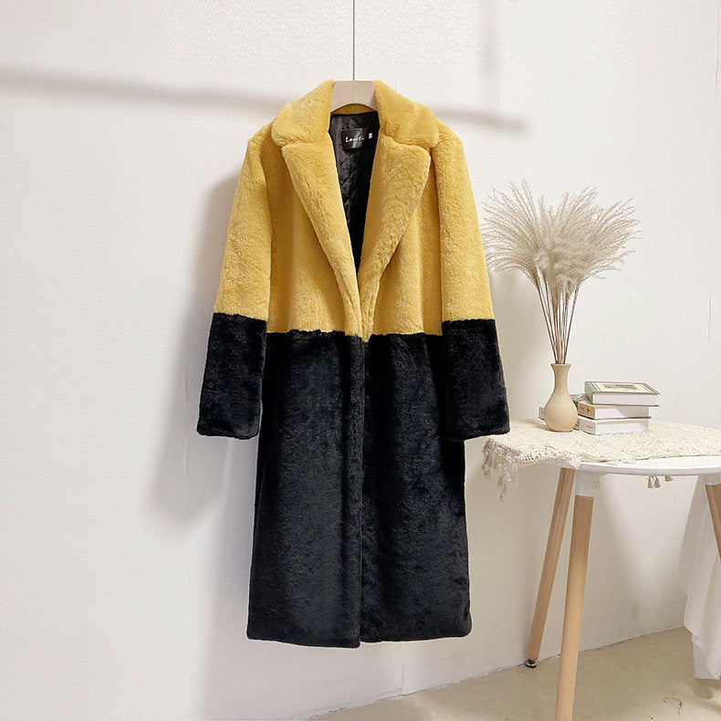 Faux Fur Colorblock 2-Tone Turn-Down Collar Women's Winter Trenchcoat to 5X Plus Size