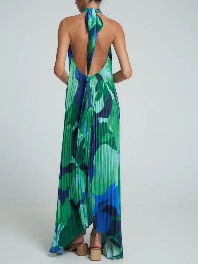 Floral Print Pleated Sleeveless Deep V-Neck Halter Backless Swing Maxi Dress
