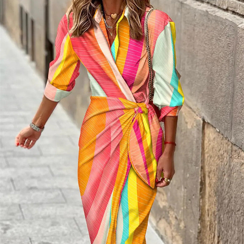 Striped Colorblock Floral Geometric Turn-Down Collar 3/4 Length Long Sleeve Maxi Dress w/ Sash Belt