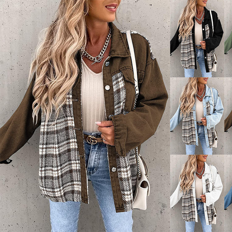 Denim Plaid Colorblock Print Long Sleeve Button-Up Women's Jean Shirt