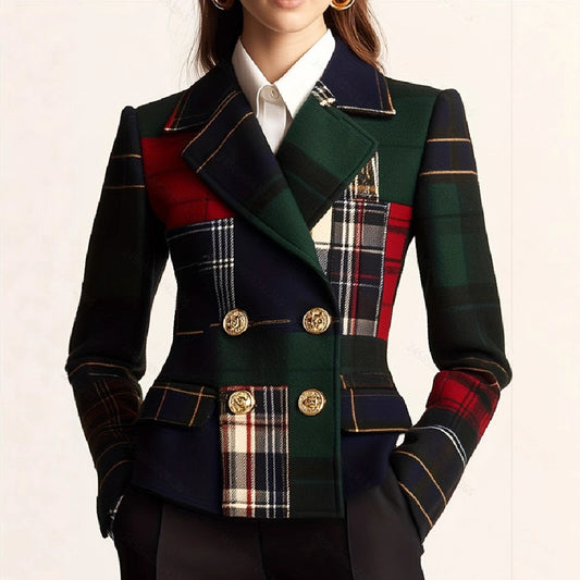 English Plaid Gold Button Detail Colorblock Women's Double Breasted Wool Blazer Jacket to 3X Plus Size