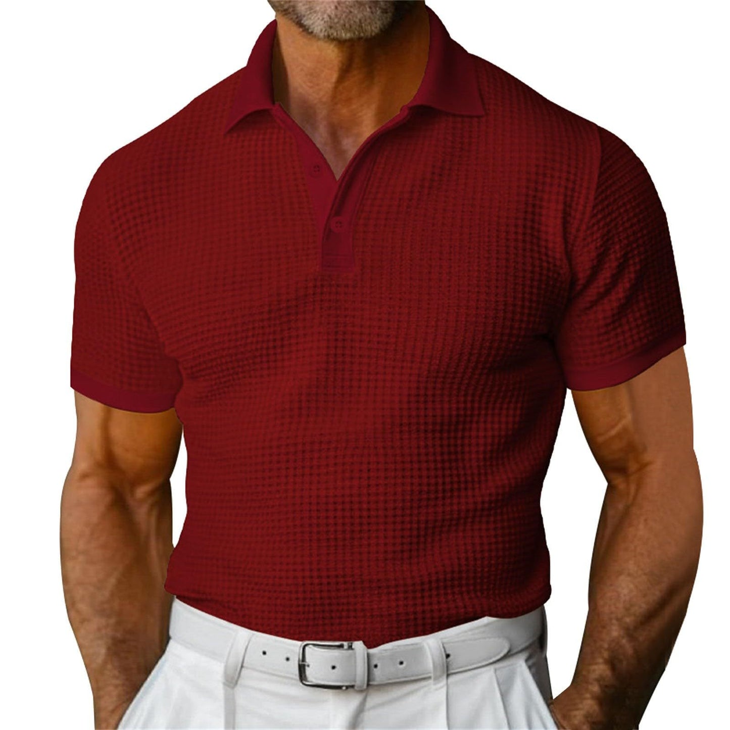 Men's Waffle Pattern Turn-Down Collar Short Sleeve Polo Shirt