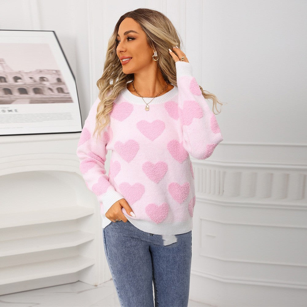 Heart Print Pullover Jacquard Long Sleeve Women's Sweater