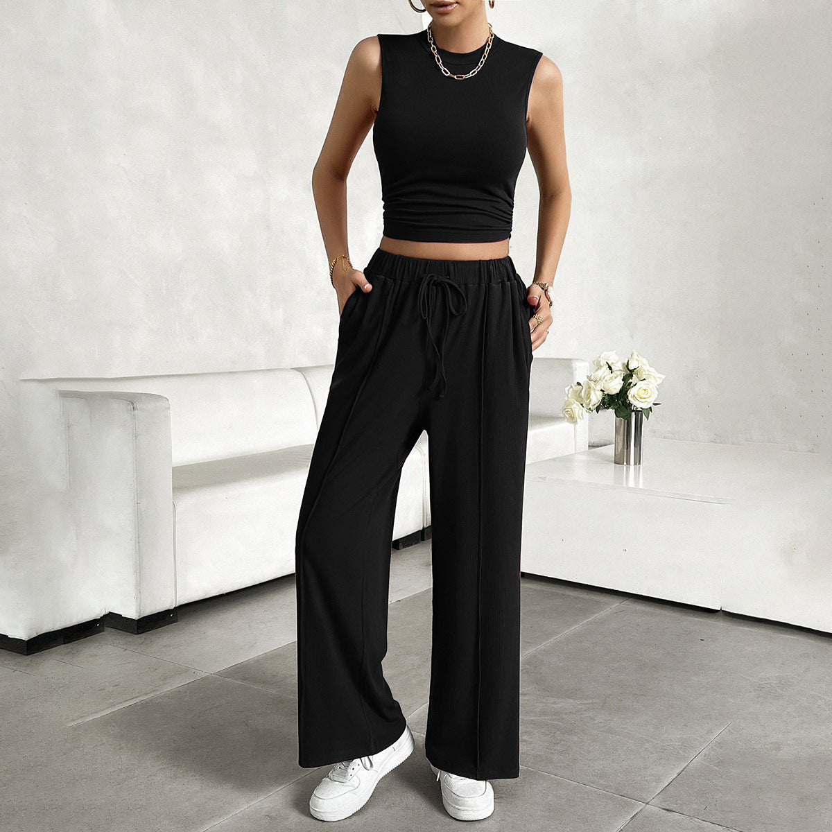 Sleeveless Solid Color Vest + Drawstring Pants Women's Casual 2-Piece Set