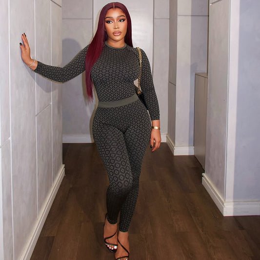 Khaki/Black Monogram Print Women's O-Neck Long Sleeve Skin Tight Women's Jumpsuit