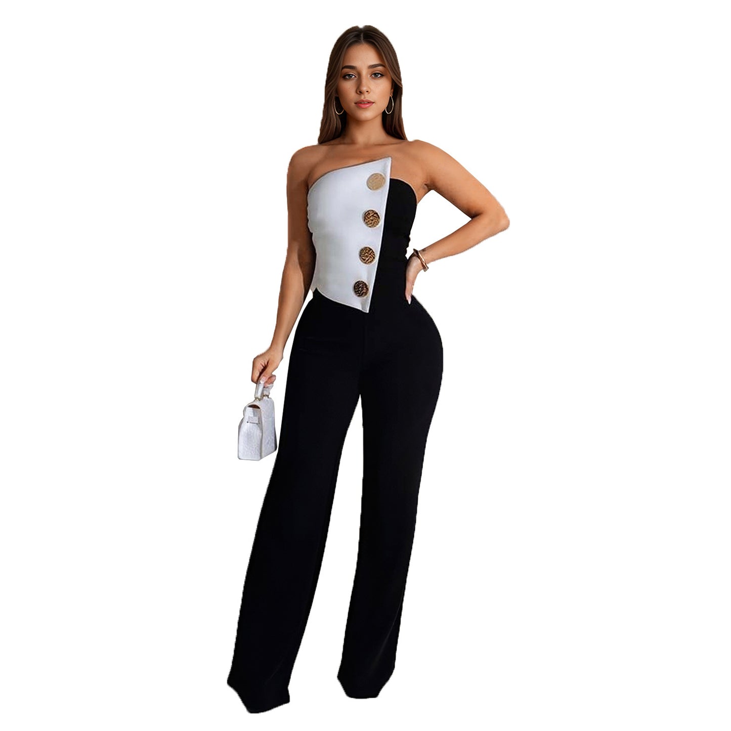 Sleeveless Big Button Detail Solid Color Women's Tube Top Jumpsuit