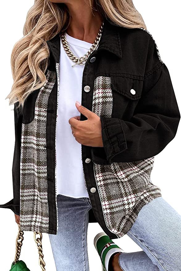 Denim Plaid Colorblock Print Long Sleeve Button-Up Women's Jean Shirt