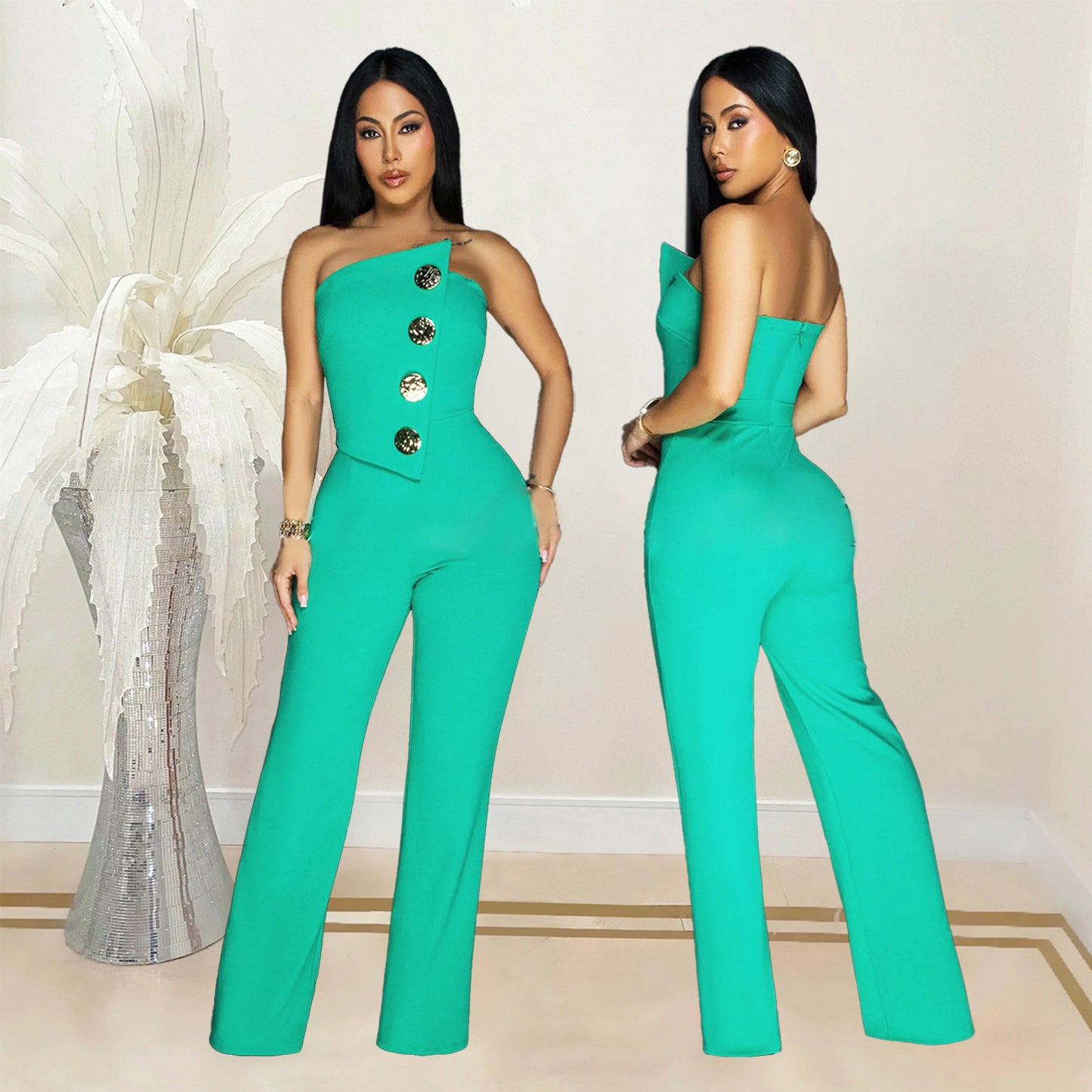 Sleeveless Big Button Detail Solid Color Women's Tube Top Jumpsuit