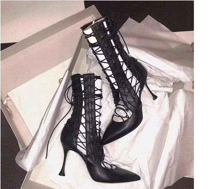 Metallic Lace-Up Women's Pointed Toe Hollow-Out Side Zipper Stiletto Heel Latin Dance Ankle Boots