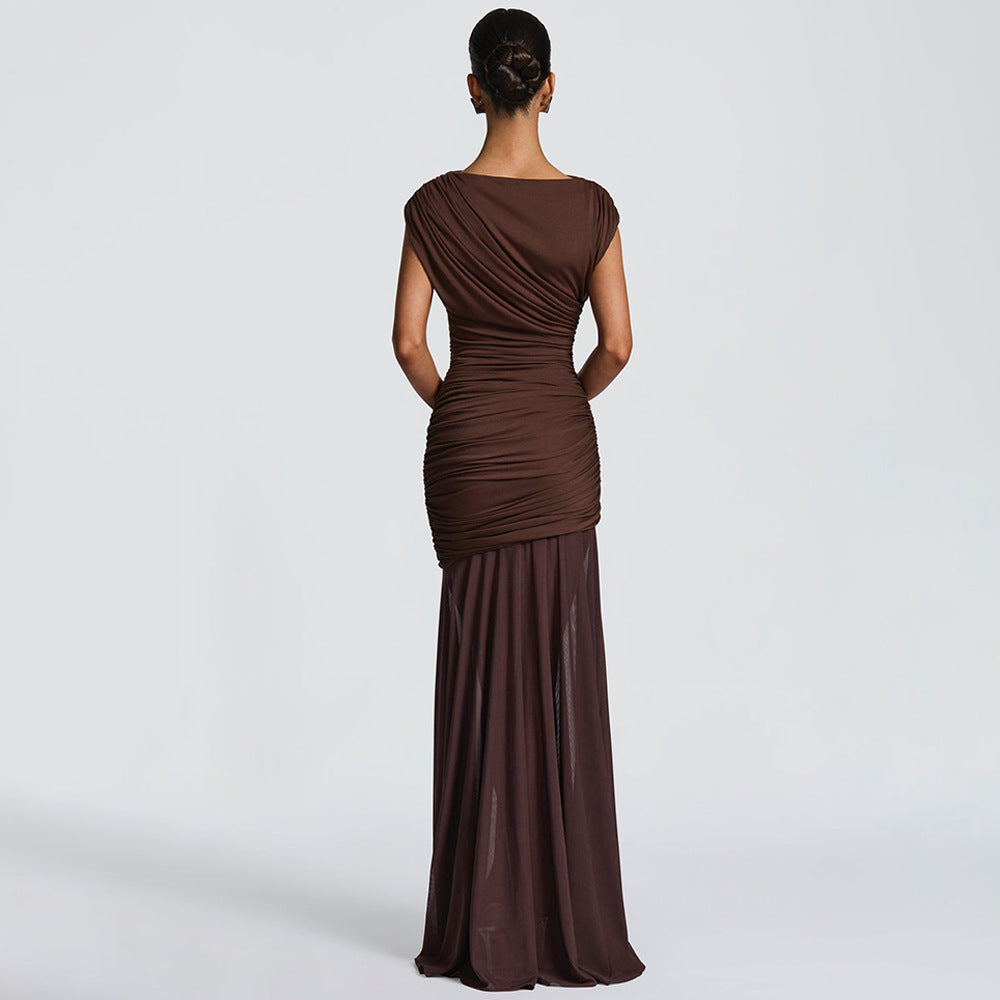 Ruched Asymmetrical Hem Flared Mesh Skirt Design Solid Color Short Sleeve Maxi Dress