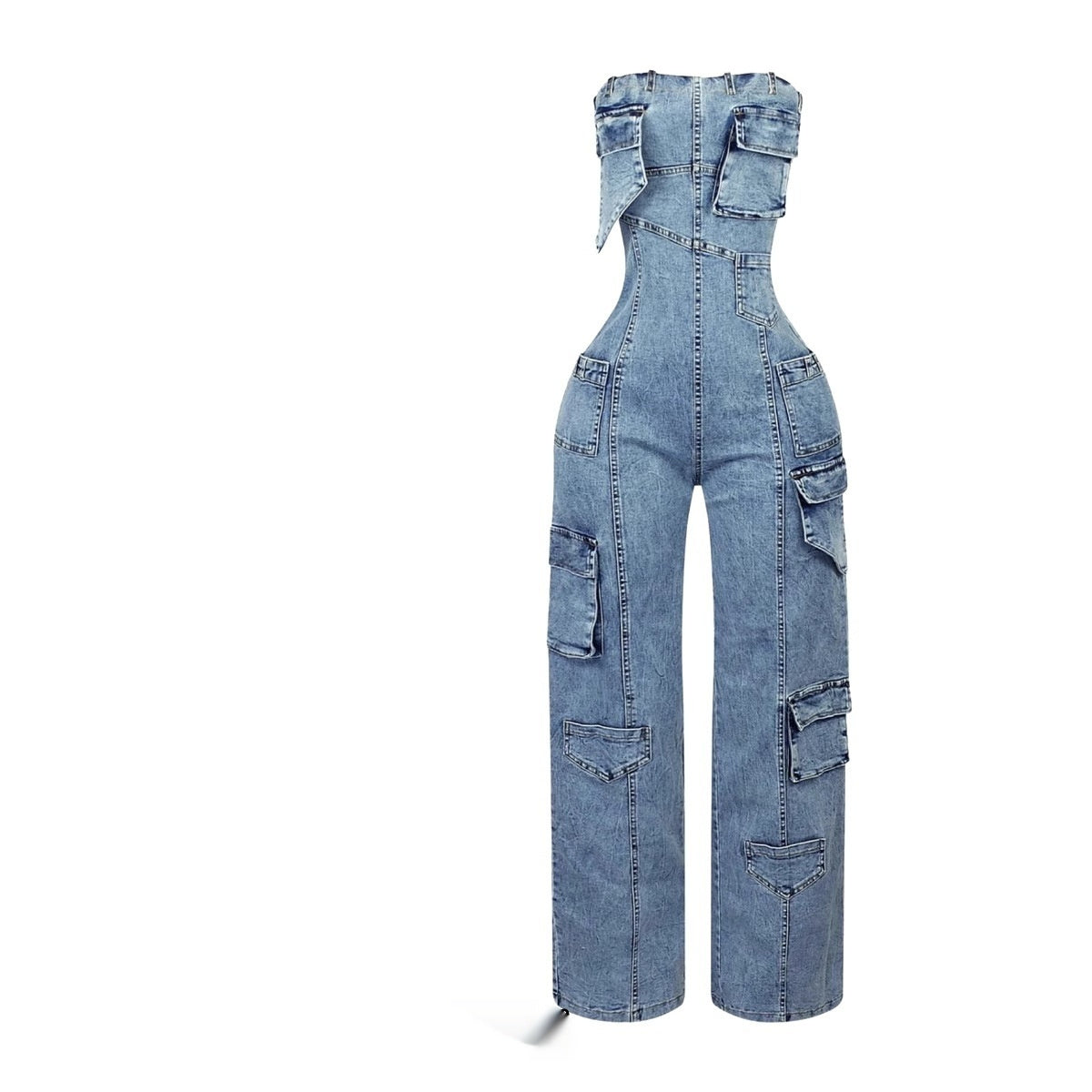 Denim Sleeveless Faded Blue Tube Top Design Multi-Pocketed Stretch Women's Overall Cargo Jeans Jumpsuit to 3X Plus Size