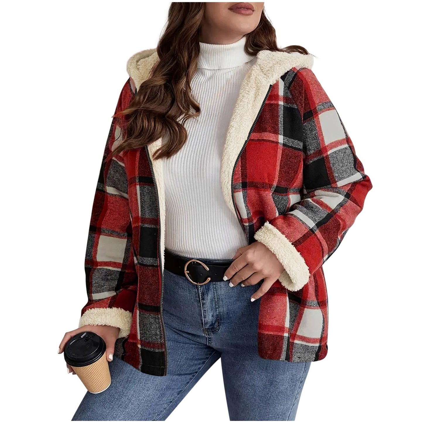 Plaid Print Fleece Lined Thick Women's Hoodie Jacket