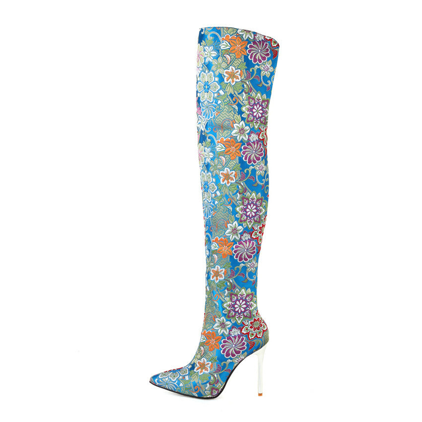 70's Flower Embroidered Pointed Toe Stiletto Heel Back Zipper Over-the-Knee Boots