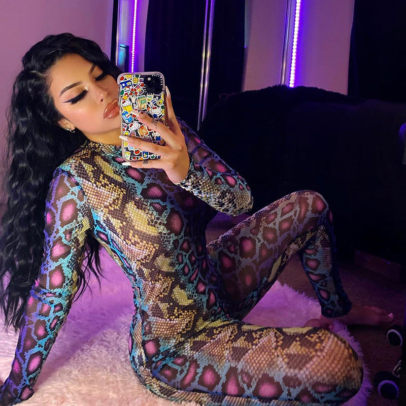 Snake Leopard Pattern Long Sleeve Skin Tight Bodycon Jumpsuit