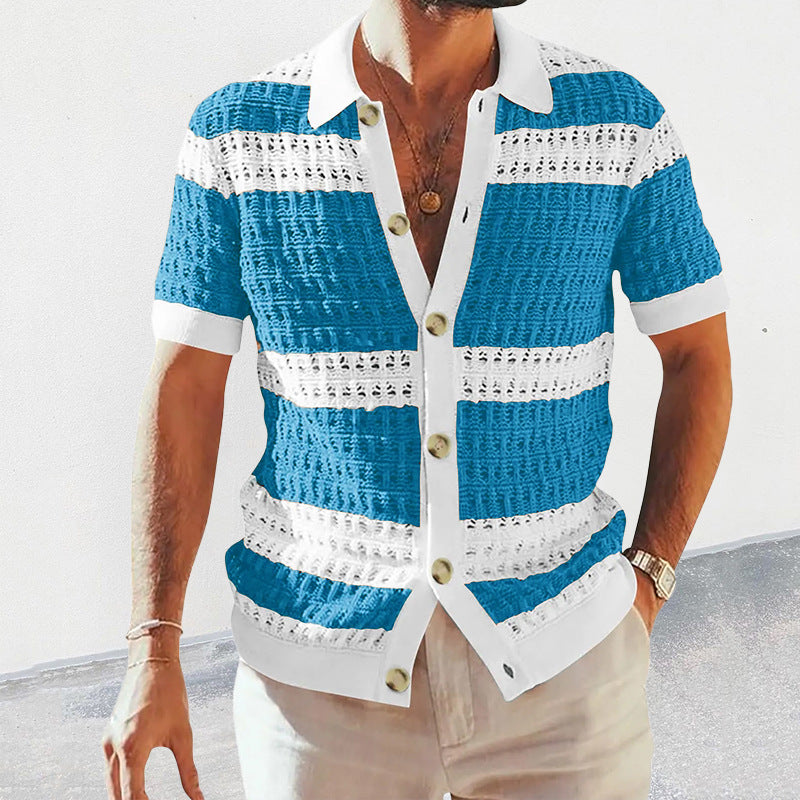 Men's English Knitted Crochet Striped Button-Up Short Sleeve Beach Polo Shirt