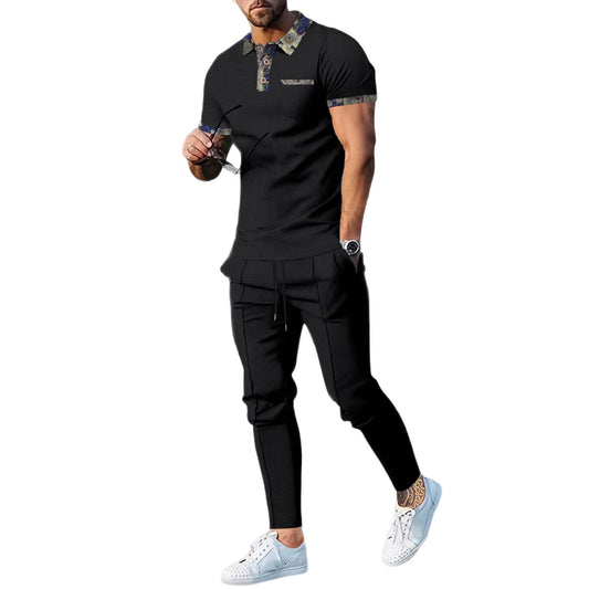 Men's Waffle Pattern Floral Turn-Down Collar Short Sleeve Polo Shirt + Drawstring Pocketed Pants 2-Piece Set