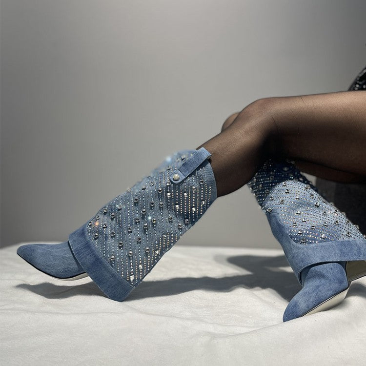 Denim Rhinestone Western Pointed Toe Stiletto Women's Jean Slouch Pipe Boots